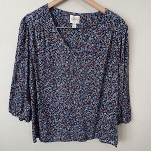 St John's Bay Women's Plus Size 1X Floral 3/4 Sleeve Peasant Top Blouse Boho Top